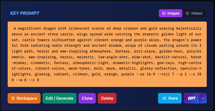 Image Key Prompt display showing complete formatted prompt with multi-platform copy options