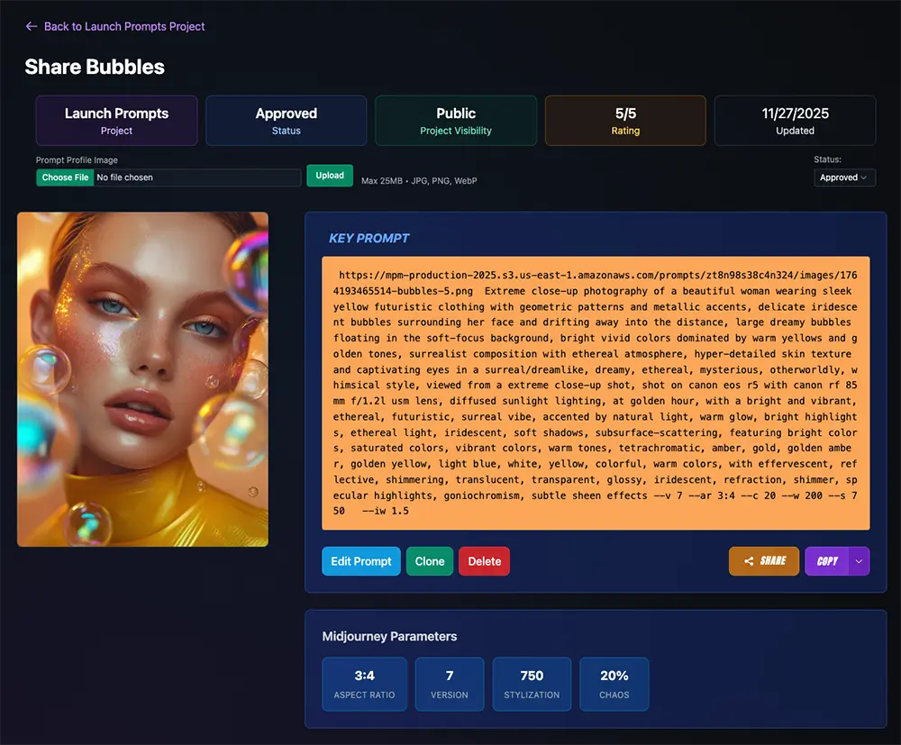 Prompt Details page showing analytics, profile image, Key Prompt display, share button, and action buttons